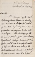 view [Reproduced handwritten circular letter enclosing lithograph of the new Royal Infirmary, Edinburgh, then under construction]. / Thomas J. Boyd.