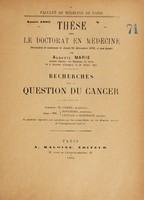 view Recherches sur la question du cancer ... / par Auguste Marie.