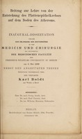 view Beitrag zur Lehre von der Entstehung des Plattenpithelkrebses auf dem Boden des Atheroms ... / von Karl Boldt.