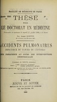 view Accidents pulmonaires infectieux du cancer de l'estomac : leur fréquence au cours des interventions chirurgicales ... / par André Quentin.