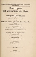 view Ueber Lipome und Liposarkome der Niere / Carl Hartwig.