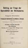 view Beitrag zur Frage der Operabilität der Hirntumoren ... / Willy Vorkastner.