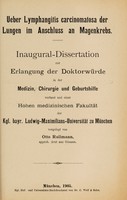 view Ueber Lymphangitis carcinomatosa der Lungen im Anschluss an Magenkrebs ... / vorgelegt von Otto Rullmann.