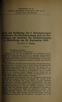 view Rede zur Eröffnung der I. Internationalen Konferenz für Krebsforschung und zur Einweihung des Instituts für Krebsforschung in Heidelberg, am 25. September 1906 / von V. Czerny.