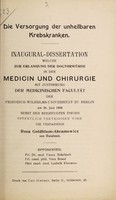 view Die Versorgung der unheilbaren Krebskranken ... / Rosa Goldblum-Abramowicz.