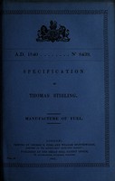 view Specification of Thomas Stirling : manufacture of fuel.