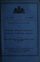 view Specification of William Edward Hollands and Nicholas Whitaker Greene : manufacture of artificial fuel in blocks.