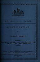 view Specification of Thomas Deakin : register stove and apparatus for supplying coal thereto.