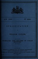 view Specification of William Taylor : furnaces and boilers of steam engines.