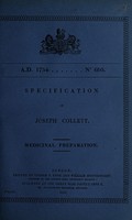 view Specification of Joseph Collett : medicinal preparation.