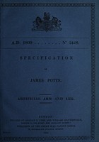 view Specification of James Potts : artificial arm and leg.