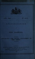 view Specification of John Harwood : apparatus for giving expansion to the chest.