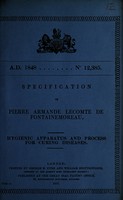 view Specification of Pierre Armande Lecomte de Fontainemoreau : hygienic apparatus and process for curing diseases.