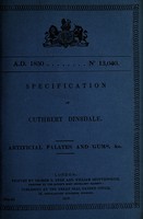 view Specification of Cuthbert Dinsdale : artificial palates and gums, &c.