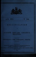 view Specification of Auguste Edouard Loradoux Bellford : apparatus for inhaling iodine.