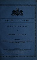 view Specification of Frederic Allarton : method of administering iron in articles of food.