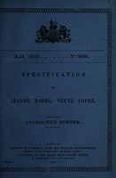 view Specification of Jeanne Barbe, veuve Lopez : antibilious powder.