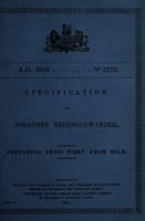 view Specification of Johannes Neuenschwander : preparing swiss whey from milk.