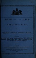 view Specification of Charles Thomas Robert Prynn : apparatus for benumbing the human frame previous to the performance of surgical operations.