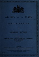 view Specification of Charles Watson : apparatus for curing genital weakness.