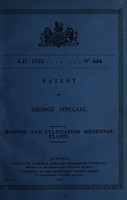 view Patent of George Sinclair : raising and cultivating medicinal plants.