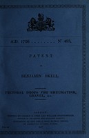 view Patent of Benjamin Okell : pectoral drops for rheumatism, gravel, etc.