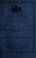 view Specification of Alcidalis Auguste Romain Damoiseau : apparatus for drawing blood, &c.