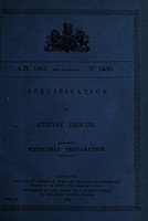 view Specification of Etienne Reoche : medicinal preparation.