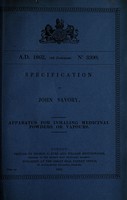 view Specification of John Savory : apparatus for inhaling medicinal powders or vapours.