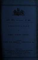 view Specification of James Robert Liston : glove for medical operations, &c.