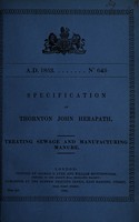 view Specification of Thornton John Herapath : treating sewage and manufacturing manure.