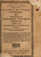 view De peditu ; eiusque speciebus crepitu & visio : discursus methodicus, in theses digestus / quas præside claris viro, Bombardo Stevarzio, Clarefortensi, defendere conabitur ; Buldrianus Sclopetarius ... Disputabuntur autem aedibus Divæ Cloacinæ, à summo mane, ad noctem usque mediam.