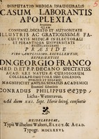 view Dissertatio medica inauguralis casum laborantis apoplexia proponens / [Conrad Philipp Seipp].