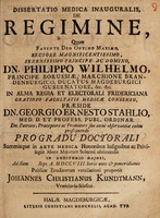 view Dissertatio medica inauguralis, de regimine / Quam ... praeside Dn. Georgio Ernesto Stahlio ... publicae eruditorum ventilationi proponit Johannes Christianus Kundtmann.