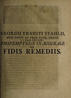 view Propempticon inaugurale de fidis remediis / [Georg Ernst Stahl].