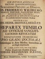 view Hepar ex tumulo ad officium sanguificationis revocatum ... disputatione inaugurali / [Tobias Heinrich Haehne].