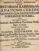 view Dissertatio medica inauguralis exhibens historiam rarissimam sanationis cerebri quassati cum deperditione substantiae notabili / ... praeses Daniel Hoffmann ... respondente Johanne Christophoro Camerario ... anno MDCCXIX.