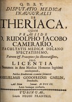 view Disputatio medica inauguralis de theriaca / [Wilhelm Gottfried Gmelin].
