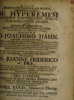 view Dissertatio inauguralis medica, proponens casum, de hyperemesi gravioribus symptomatibus stipata, cum subsequente delirio ... / [Daniel Koch].