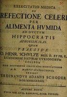 view Exercitatio medica de refectione celeri per alimenta humida ad ductum Hippocratis aphorism. II, XI. ... / [Ferdinand Adam Schoder].