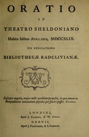 view Oratio in Theatro Sheldoniano habita idibus Aprilibus, MDCCXLIX, die dedicationis Bibliothecae Radclivianae.