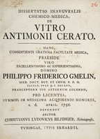 view Dissertatio inauguralis chemico-medica, de vitro antimonii cerato ... / auctor Christianus Ludovicus Bilfinger.