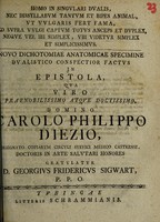 view Homo in singulari dualis nec dissyllabum tantum et bipes animal ... novo dichotomiae anatomicae specimine dualistico conspectior factus in epistola, qua ... sed supra vulgi captum totus anceps et duplex / Domino Carolo Philippo Diezio ... gratulatur G.F. Sigwart.