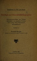 view Supplement zu Hain und Panzer : Beiträge zur Inkunabelbibliographie / Nummernconcordanz von Panzers lateinischen und deutschen Annalen und Ludwig Hains Repertorium Bibliographicum, bearb. von Konrad Burger.