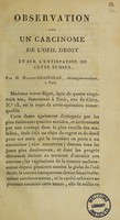 view Observation sur un carcinome de l'oeil droit et sur l'extirpation de cette tumeur / [Masson-Grandjean].