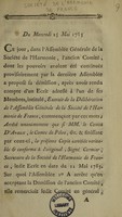 view [Arrêté. Begins Ce jour, dans l'assemblée génerale de la Société de l'Harmonie, l'ancien comité ... a proposé sa démission. 25 May 1785].