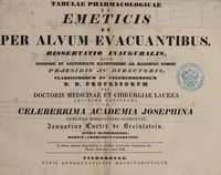 view Tabulae pharmacologicae de emeticis et per alvum evacuantibus. Dissertatio inauguralis / [Januarius Curter de Breinlstein].