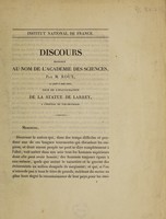 view Institut National de France. Discours prononcé au nom de l'Académie des Sciences ... le jeudi 8 août 1850, jour de l'inauguration de la statue de Larrey, à l'Hôpital du Val-de-Grâce / [Phil. Jos Roux].