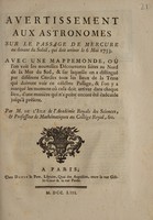 view Avertissement aux astronomes sur le passage de mercure au devant du soleil, qui doit arriver le 6 mai 1753. : Avec une mappemonde, où l'on voit les nouvelles découvertes fait au nord de la Mer du sud ... / Par M. de L'Isle.