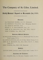 view Sixth annual report and accounts : 1919 / The Company of St. Giles, Limited.